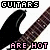 Pixelated image of a black electric guitar with brown fretboard, text overlays reading 'GUITARS ARE HOT GUITARS' in pixel font.
