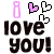A 2x2 contact sheet of a pixelated animated buddy icon showing variations of "i love you!" text with heart symbols in different color states across three frames.