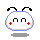 Pixelated character with white rounded head, blue outline, black curved antennae, red plus signs on cheeks, and two distinct eye expressions