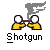 Pixelated icon shows two yellow-shirted figures with white circular heads holding a red shotgun, emitting gray smoke above them against a light gray background.