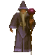 Pixelated wizard avatar with long white beard, purple robe, and purple-topped staff in six sequential poses showing hand and arm movements.