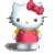 Pixelated white cat with red bow, pink dress, yellow collar accents, and small black eyes in three of three