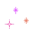 Six pixelated starburst icons in pink, purple, and orange hues arranged on a gray background with varying sizes and dot patterns.