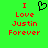 Green background with red pixelated text reading "I Love Justin Forever" and a black heart symbol above the text.