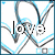 Animated icon with blue and white heart outlines, text 'love' in black pixelated font, and a small square element at bottom right