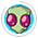 Pixelated green alien head with large pink eyes inside a blue circular border, displayed in a