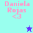 Pixelated text 'Daniela Rojas' with '<3' symbol on four colored backgrounds, two star icons in different positions and colors.