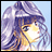Pixelated anime-style character with long purple hair and blue eyes, wearing a hooded garment against a light blue background.