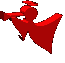 Red 3D-rendered angel figure with trumpet, wings spread wide across multiple views showing rotation and perspective changes.