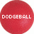 Red circular icon with white pixelated text reading "DODGEBALL" centered on its surface.