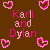 Brown background with four pink pixelated heart outlines and centered text reading 'Kari and Dylan' in mixed pink hues.