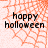 A static image with orange spiderweb background and black text reading 'happy halloween' in two lines.