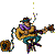 Pixelated character in cowboy hat plays guitar with smoke rising from pipe, seated on stool with brown bag attached by chain.