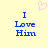 Pixelated blue text "I Love Him" on a pale yellow background with a pink heart symbol above the left side of the text.