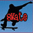 Black silhouette of a person performing a skateboarding trick on light blue background with the word 'skate' in red, green, and yellow text.