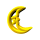 Yellow crescent moon with a face, arranged in a on a gray background