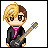 Pixel art contact sheet of a character with split blonde and brown hair holding an electric guitar across six animated frames showing facial expressions, text changes, and a heart symbol.