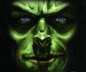Green-skinned face with blue eyes and red cheek marks, transitioning from open eyes to closed eyes against a black background.