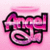 Pixelated pink and purple cartoon angel icon with black outline, white halo, and stylized text-like body shape on solid pink background.