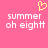 Pixelated pink background with yellow heart symbol above white text reading 'summer oh eight' in two identical side-by-side arrangements.