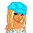 Pixel art contact sheet showing three frames of a female character with blonde hair wearing blue accessories and light clothing, holding bags in different poses across the frames.