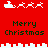 Red background with white pixelated Santa sleigh and reindeer animations above and below "Merry Christmas" text.