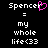 Pixelated text displays 'Spencer' with a pink heart replacing the letter 'e', followed by '= my whole life<33' on black background.