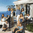 Pixelated group of people on a beach with a house in the background, next to blue text reading "I LOVE The O.C.".