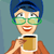 Pixelated cartoon character with blue hair and green glasses holding a beer mug against a teal background.