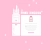 Pixelated pink background with white rectangular panels containing faint gray shapes and text-like blocks.