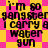 Pixelated text repeats 'I'm so gangster I carry a water gun' on yellow and pink starburst background with no visible animation changes.