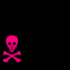 Three skull-and-crossbones icons in pink, white, and purple on a black background with a gray rectangle in the bottom right.