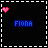 Pixelated blue text 'FIONA' on black background with pink heart and red dot animations in top-left, top-right, and bottom-right positions.
