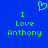 Blue background with green pixelated text reading "I Love Anthony" and a light blue heart symbol above the left side of the text.