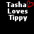 Pixelated text reads "Tasha Loves Tippy" with a red heart symbol replacing the 'a' in Tasha on one side of a split-screen display.