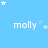 Light blue background with white text 'molly' repeated in a , surrounded by small white stars of varying sizes and opacities