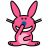 Pixelated pink bunny mascot with blue nose, black limbs, and white teeth in a static single-frame image.