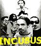 A 3x2 contact sheet of six animated frames showing a group photo with yellow text "INCUBUS" overlaid, featuring a central figure and multiple background figures in black-and-white with slight pose variations across frames.