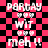 Pixelated text and symbols on a pink-and-black checkered background with repeated patterns.