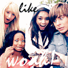 Four people pose together with a 'like' text overlay and 'WOW' text in the foreground, rendered in a pixelated style.