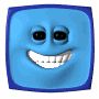 A 3x3 contact sheet of eight blue cartoon faces with varying expressions and mouth positions, each in a rounded square frame with dark blue border.