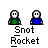 Pixel art of two figures with green and blue torsos, white heads, and black outlines; text below reads 'Snot Rocket' in a pixelated font.