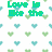 Pixelated green text on white background with repeating light blue and green heart patterns, displaying partial song lyrics.