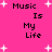 Pixelated text "Music Is My Life" repeated in four quadrants on a bright pink background with scattered white star shapes.