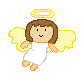 Pixelated angel with brown hair, white dress, yellow wings and halo; left version has a smile, right version has a plus sign for a mouth.