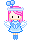 Pixel art character with pink hair, blue dress, white wings, and floating cube prop; two variations show subtle color shifts in the headband.