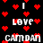 Black background with red pixel hearts and white pixel text reading "I love CAMDAN" in a repeating pattern.