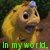 A four- pixelated animation of a yellow cartoon character with blue horns, green text overlays changing