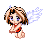 Pixelated angel icon with blonde hair, blue eyes, red outfit, and white wings in kneeling pose across six animation frames.