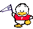 Pixelated cartoon duck in red shirt holding white flag with purple 'P' on gray background.